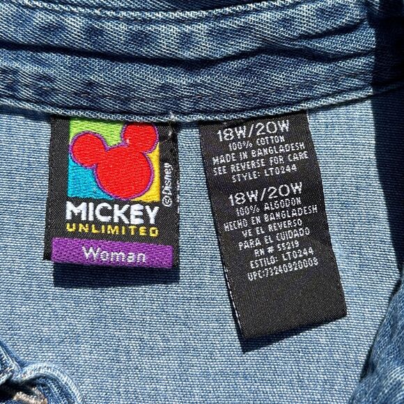 Vtg 90s Disney Mickey Mouse Chambray Denim Shirt Womens 18/20 Plus Sleeveless - Picture 8 of 9
